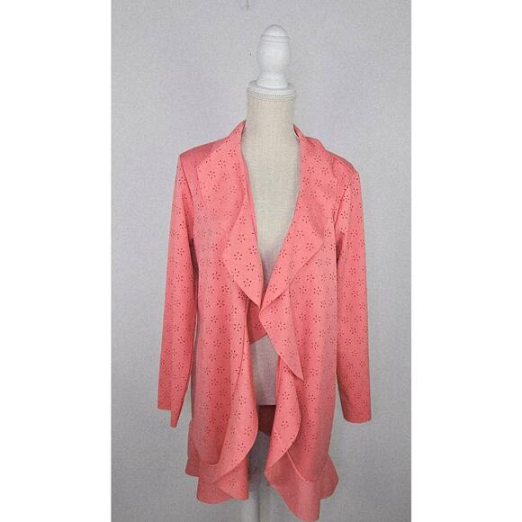 New Cupio Peach Solid Ruffle Scuba Floral Eyelet Open Front Blazer Jacket Large - Picture 3 of 15